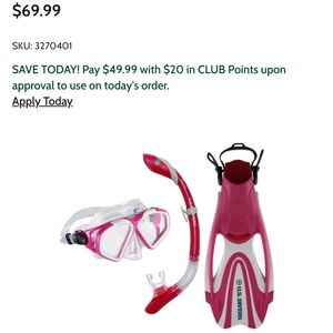 US Divers women's snorkel set. Brand new never used. Mask, fins, snorkel in pink